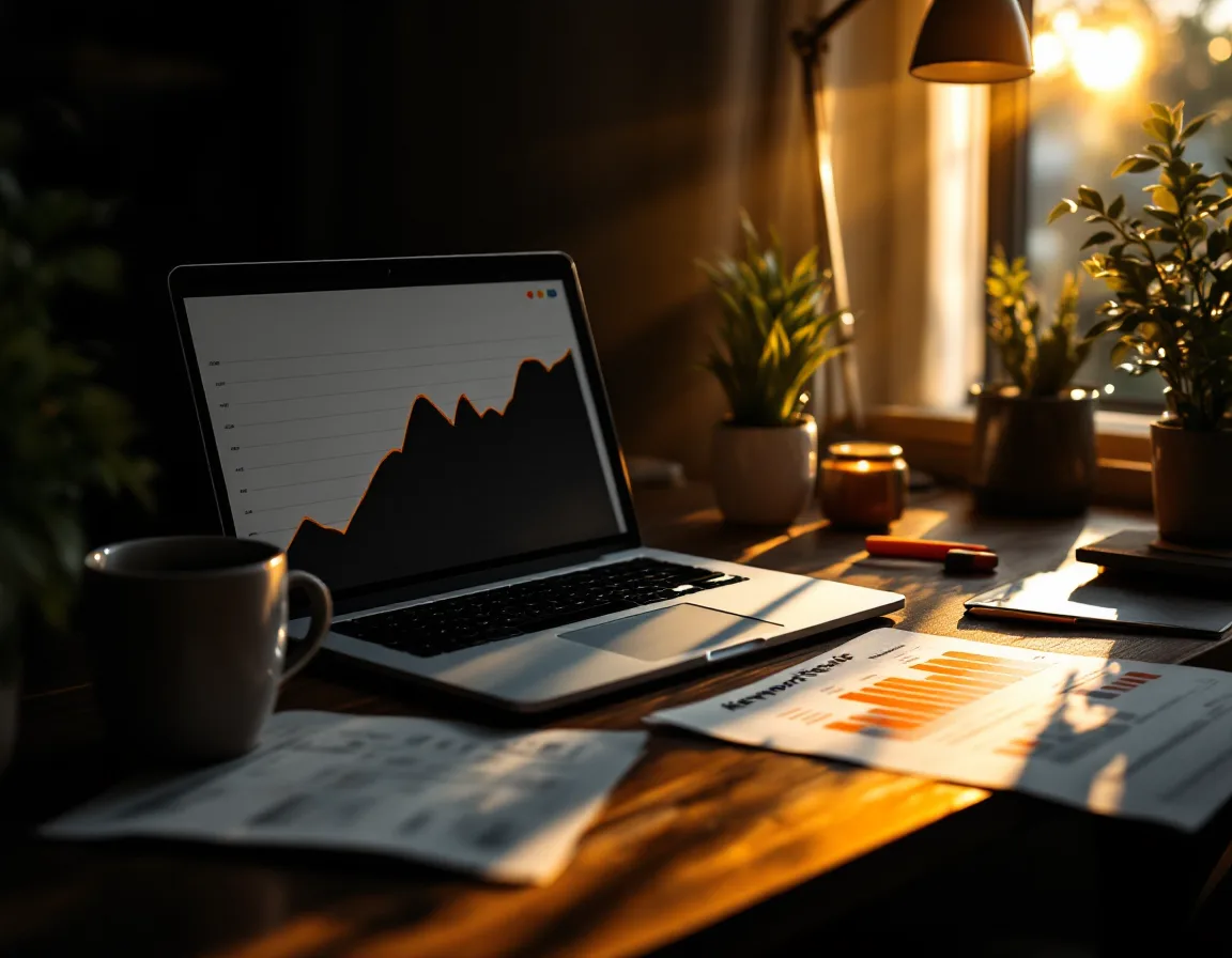 A dawn-lit studio desk with a rising traffic chart and a marked-up keyword map