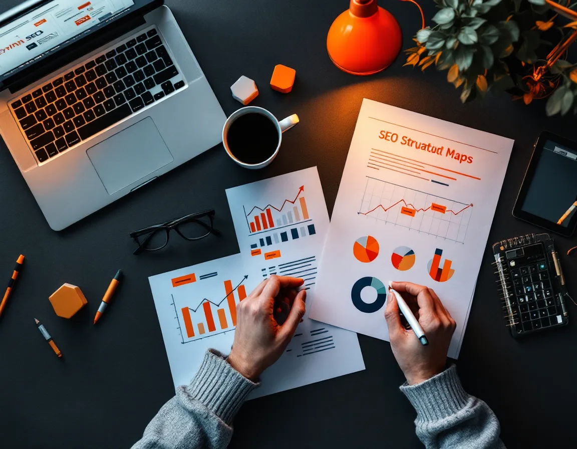 A strategist's desk with printed keyword maps and a rising traffic chart